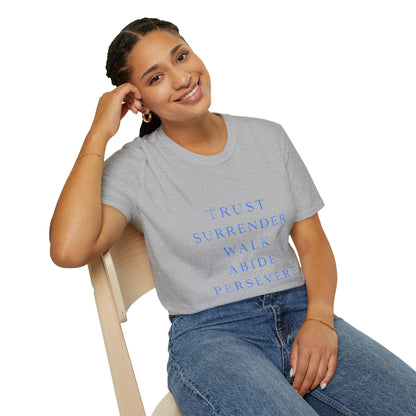Trust Surrender Walk Abide Persevere™ Womens V-Neck Tee | Catholic Inspirational Shirt | Sunnyside Life™