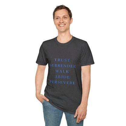 Trust Surrender Walk Abide Persevere™ Womens V-Neck Tee | Catholic Inspirational Shirt | Sunnyside Life™