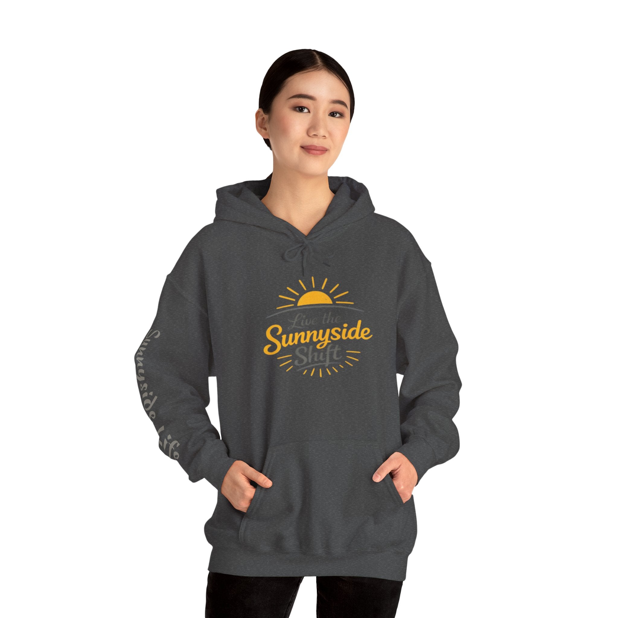 Live The Sunnyside Shift™ — Retro Sun Script Hooded Sweatshirt