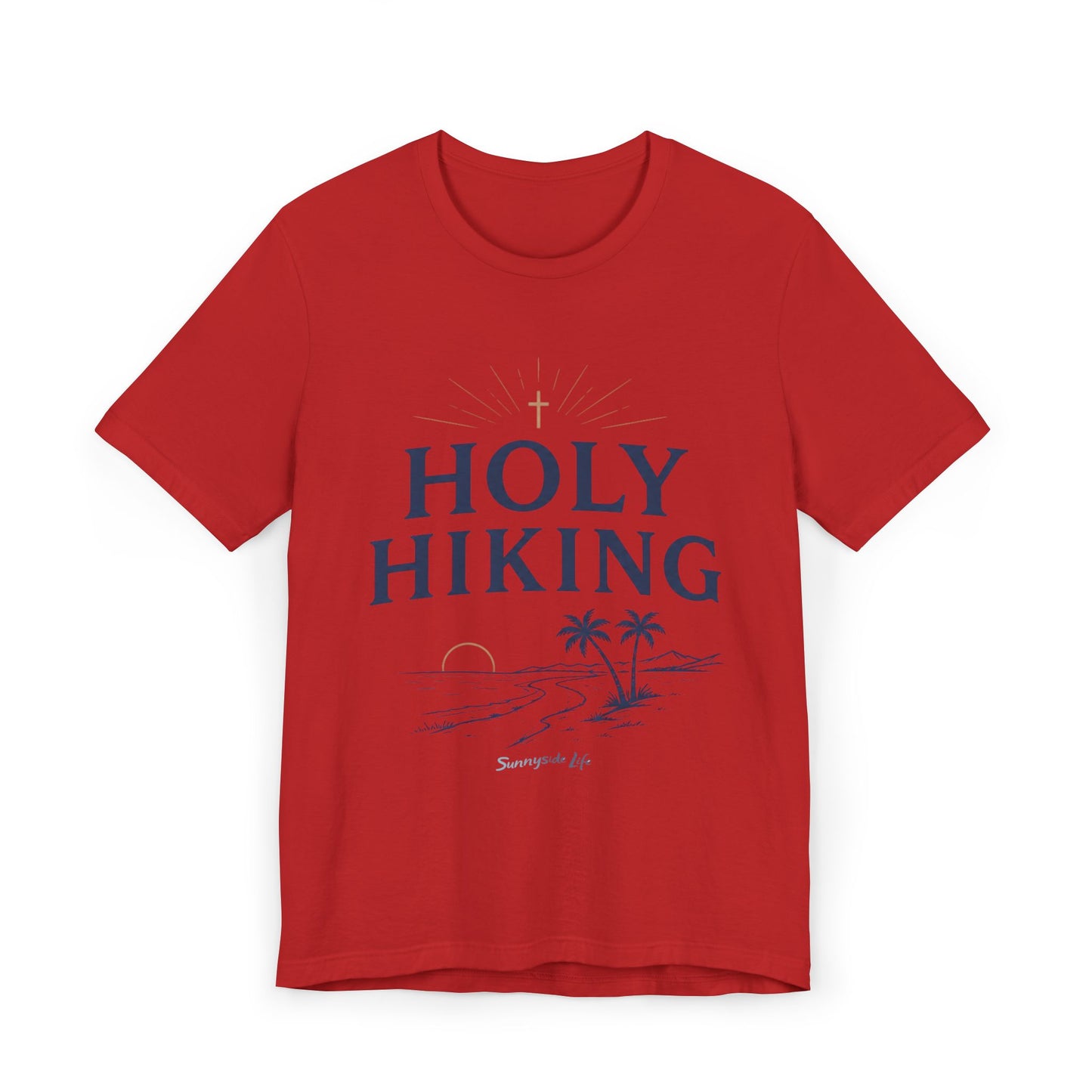 Holy Hiking™ Womens V-Neck Tee | Catholic Trail Shirt | “Evil Can’t Catch Me” Tropical Faith Hiking Tee