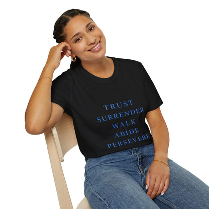 Trust Surrender Walk Abide Persevere™ Womens V-Neck Tee | Catholic Inspirational Shirt | Sunnyside Life™
