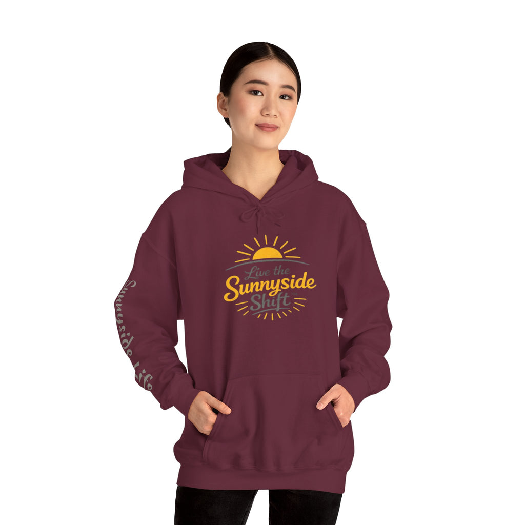Live The Sunnyside Shift™ — Retro Sun Script Hooded Sweatshirt