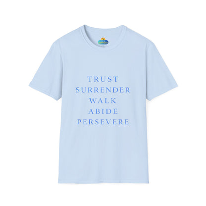 Trust Surrender Walk Abide Persevere™ Womens V-Neck Tee | Catholic Inspirational Shirt | Sunnyside Life™