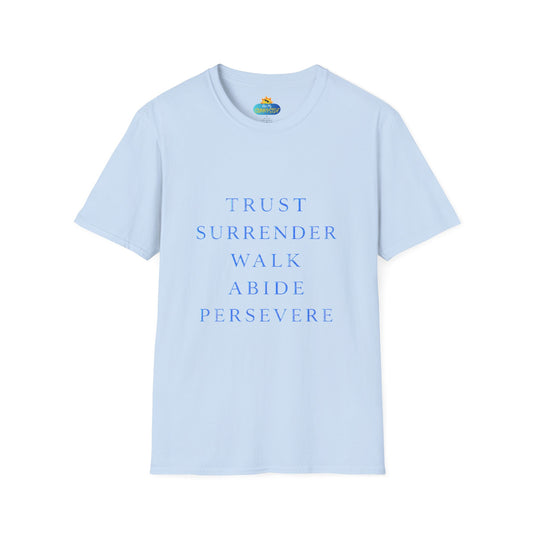 Trust Surrender Walk Abide Persevere™ Womens V-Neck Tee | Catholic Inspirational Shirt | Sunnyside Life™