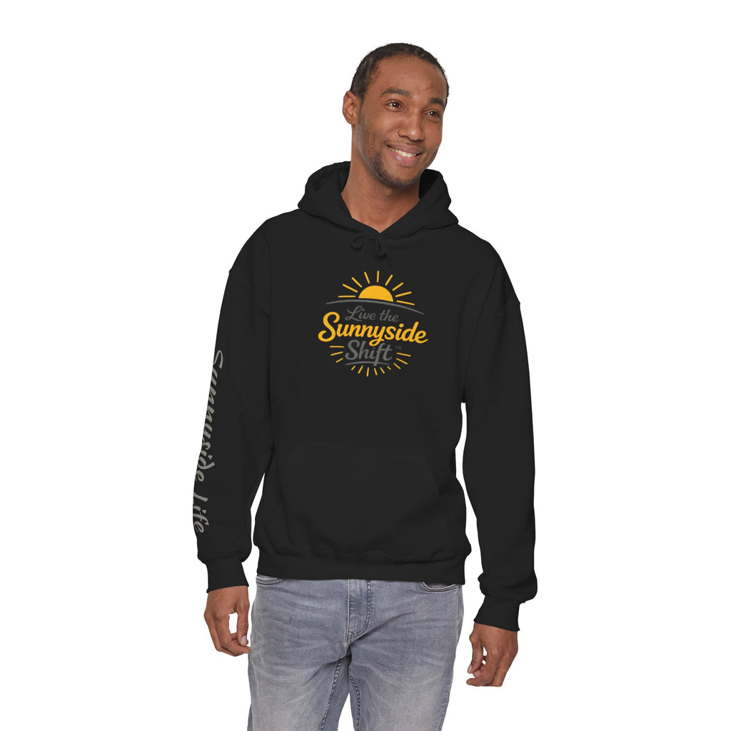 Live The Sunnyside Shift™ — Retro Sun Script Hooded Sweatshirt