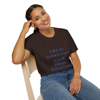 Trust Surrender Walk Abide Persevere™ Womens V-Neck Tee | Catholic Inspirational Shirt | Sunnyside Life™