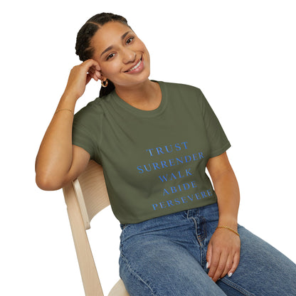 Trust Surrender Walk Abide Persevere™ Womens V-Neck Tee | Catholic Inspirational Shirt | Sunnyside Life™