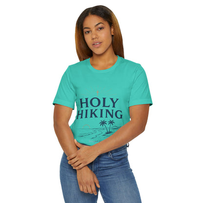 Holy Hiking™ Womens V-Neck Tee | Catholic Trail Shirt | “Evil Can’t Catch Me” Tropical Faith Hiking Tee