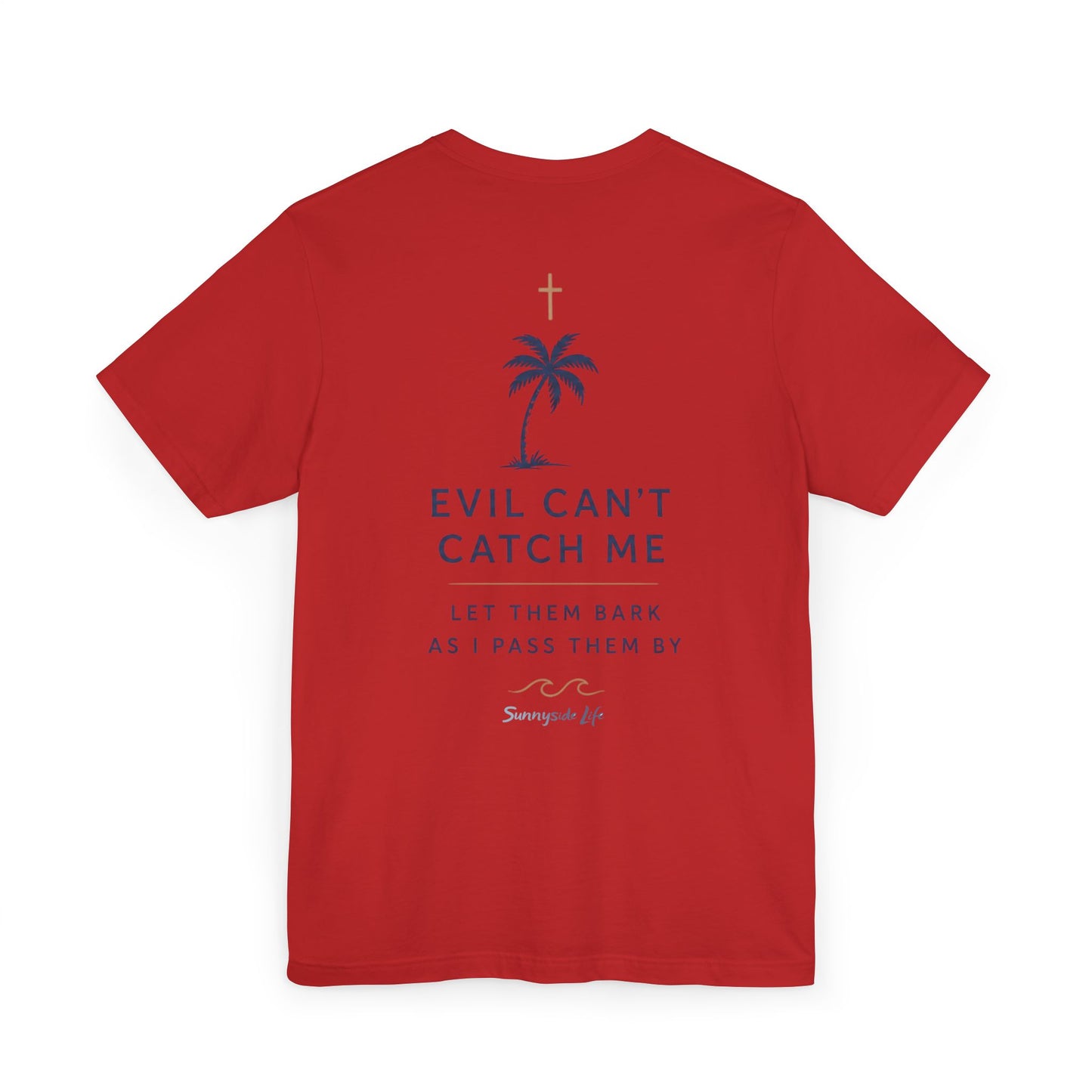 Holy Hiking™ Womens V-Neck Tee | Catholic Trail Shirt | “Evil Can’t Catch Me” Tropical Faith Hiking Tee