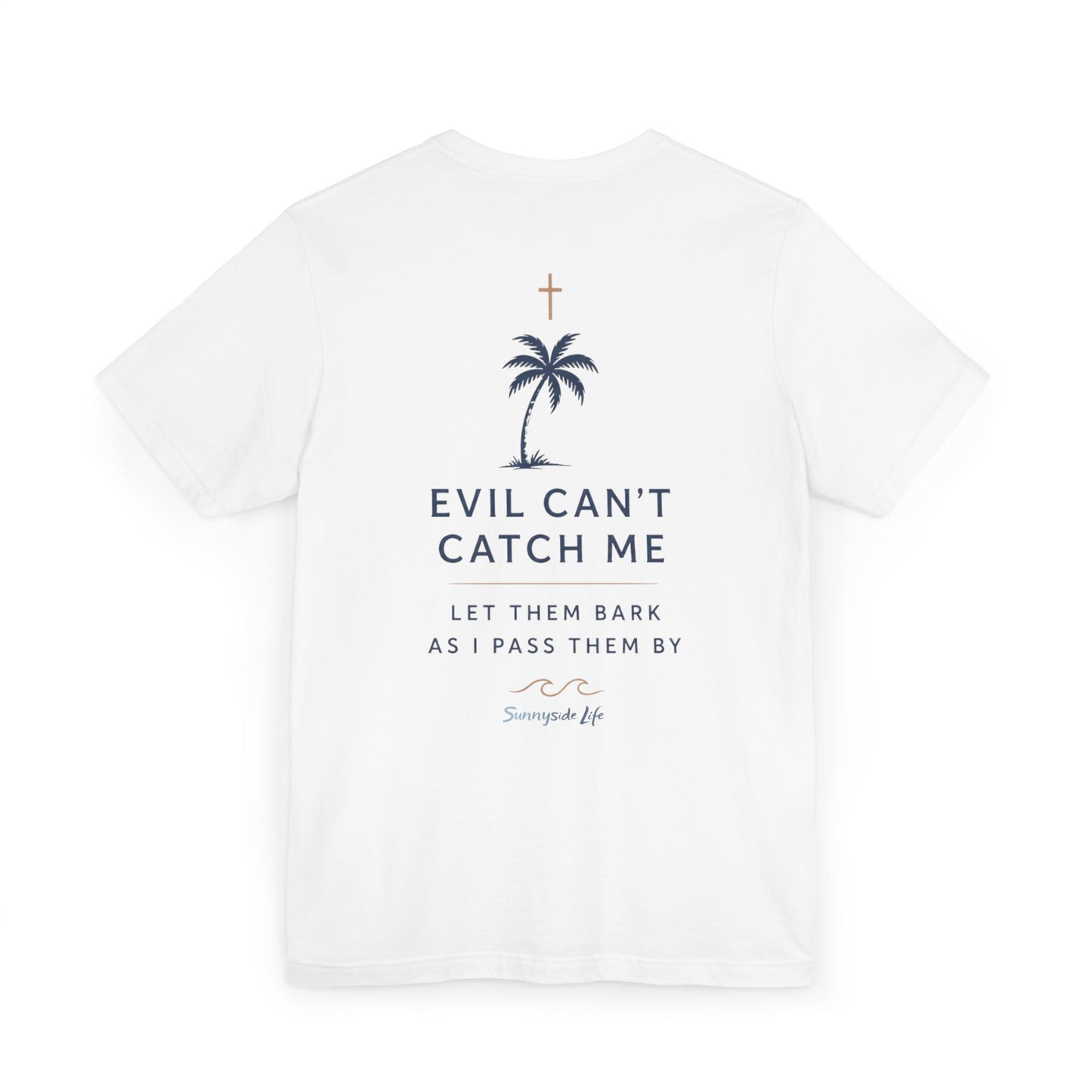 Holy Hiking™ Womens V-Neck Tee | Catholic Trail Shirt | “Evil Can’t Catch Me” Tropical Faith Hiking Tee