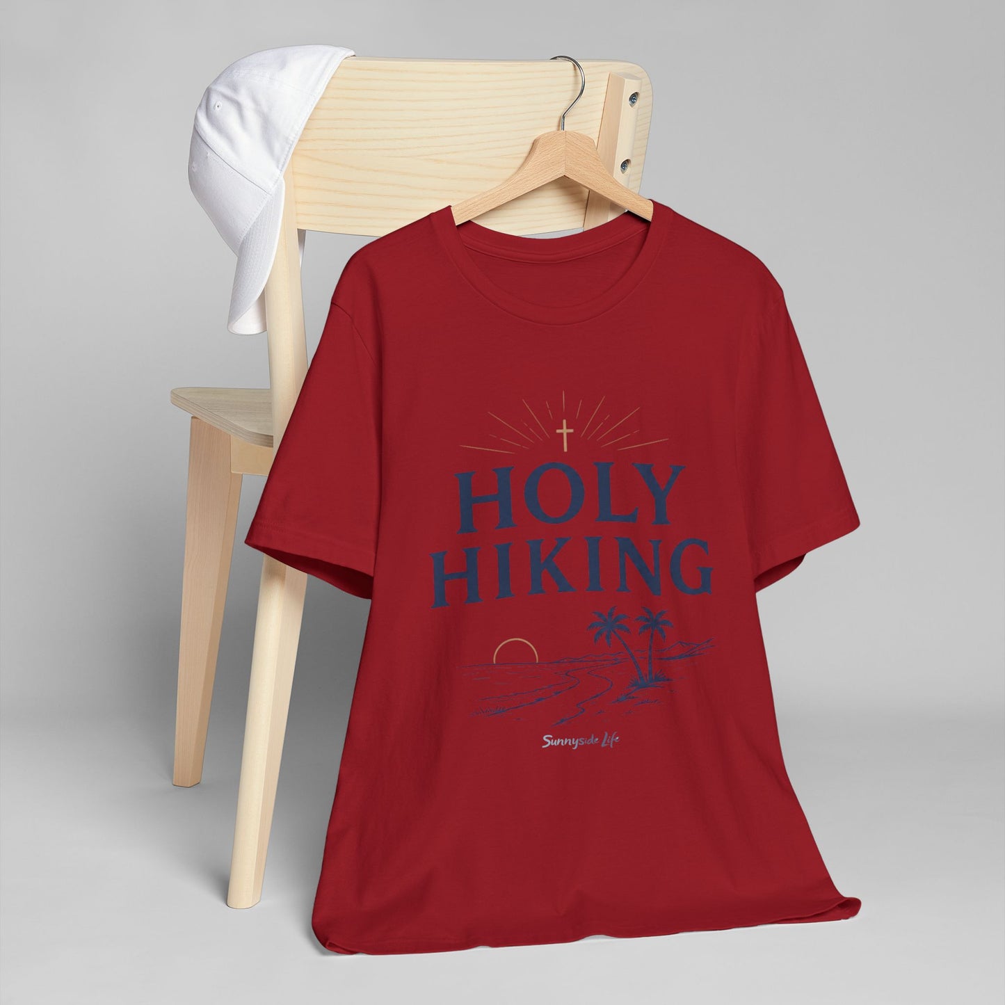 Holy Hiking™ Womens V-Neck Tee | Catholic Trail Shirt | “Evil Can’t Catch Me” Tropical Faith Hiking Tee