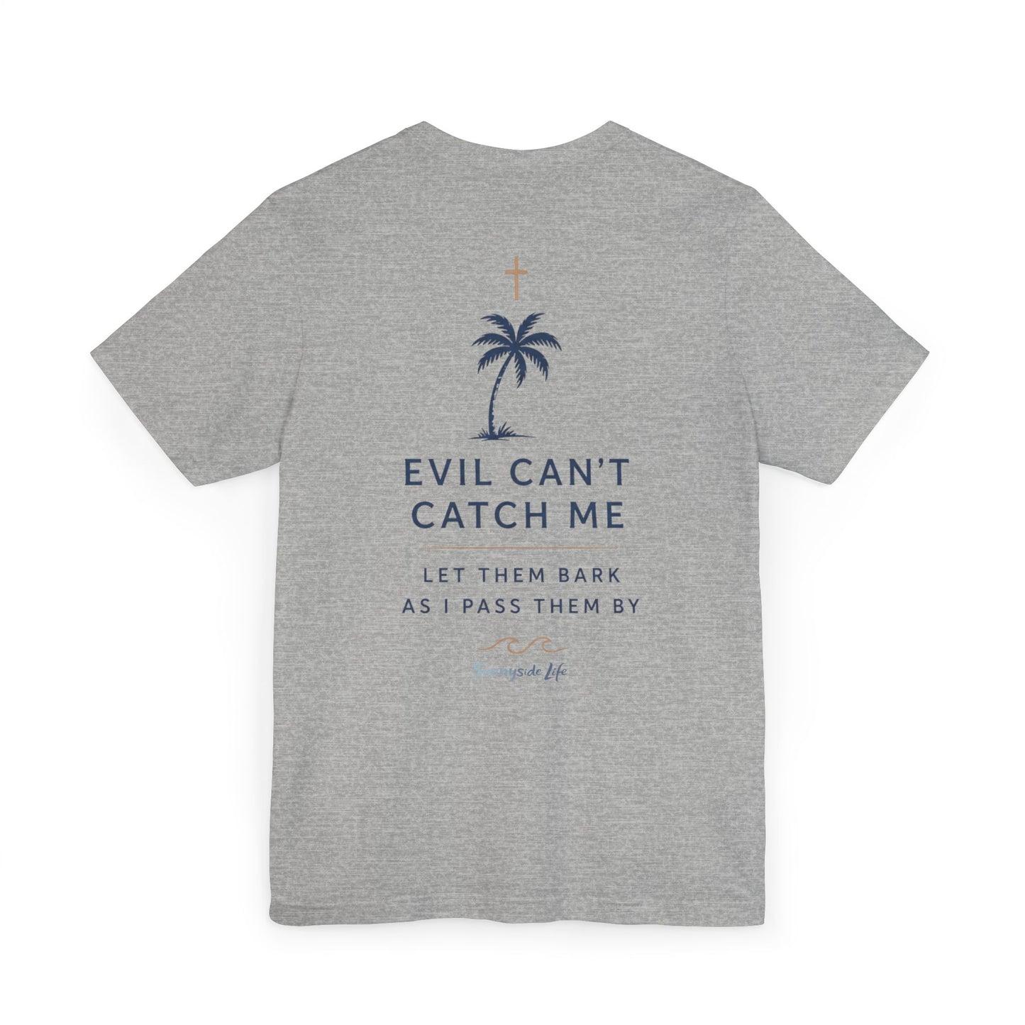 Holy Hiking™ Womens V-Neck Tee | Catholic Trail Shirt | “Evil Can’t Catch Me” Tropical Faith Hiking Tee
