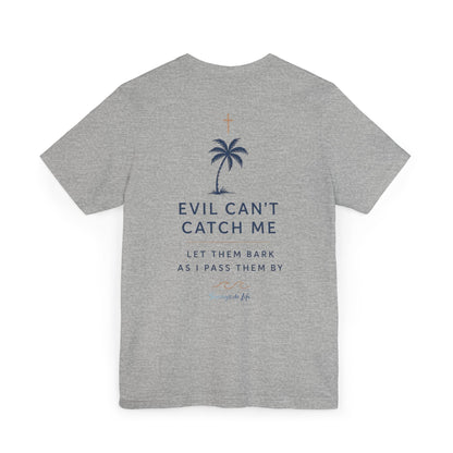 Holy Hiking™ Womens V-Neck Tee | Catholic Trail Shirt | “Evil Can’t Catch Me” Tropical Faith Hiking Tee