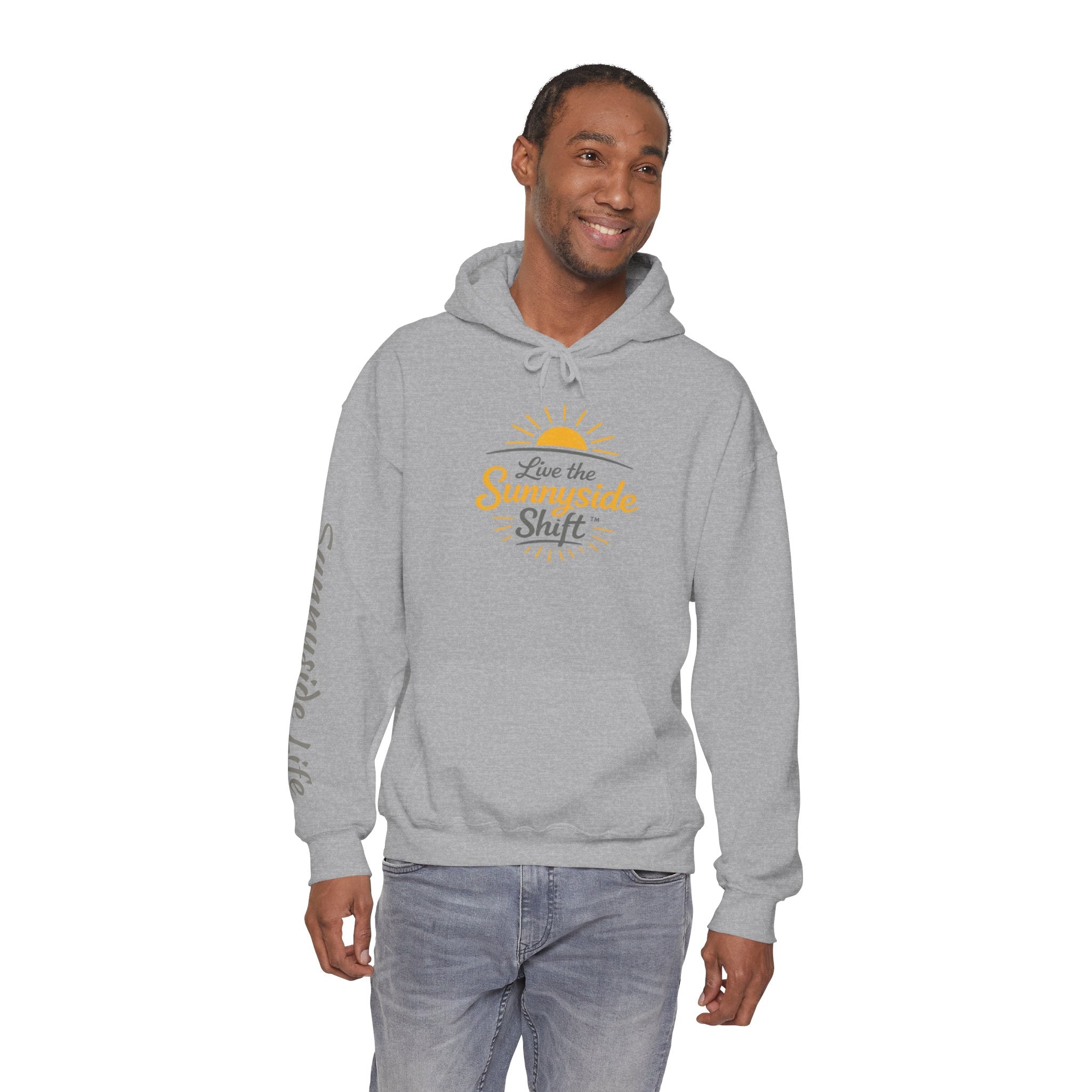 Live The Sunnyside Shift™ — Retro Sun Script Hooded Sweatshirt