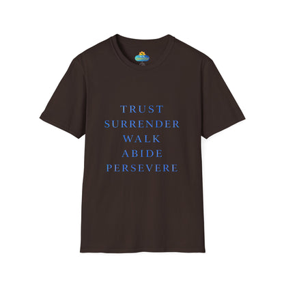 Trust Surrender Walk Abide Persevere™ Womens V-Neck Tee | Catholic Inspirational Shirt | Sunnyside Life™