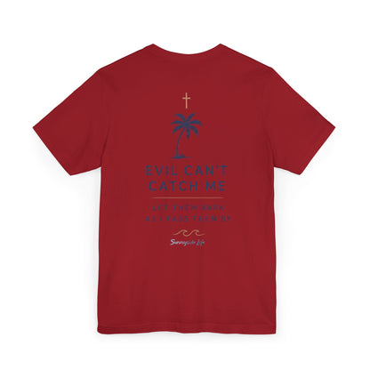 Holy Hiking™ Womens V-Neck Tee | Catholic Trail Shirt | “Evil Can’t Catch Me” Tropical Faith Hiking Tee