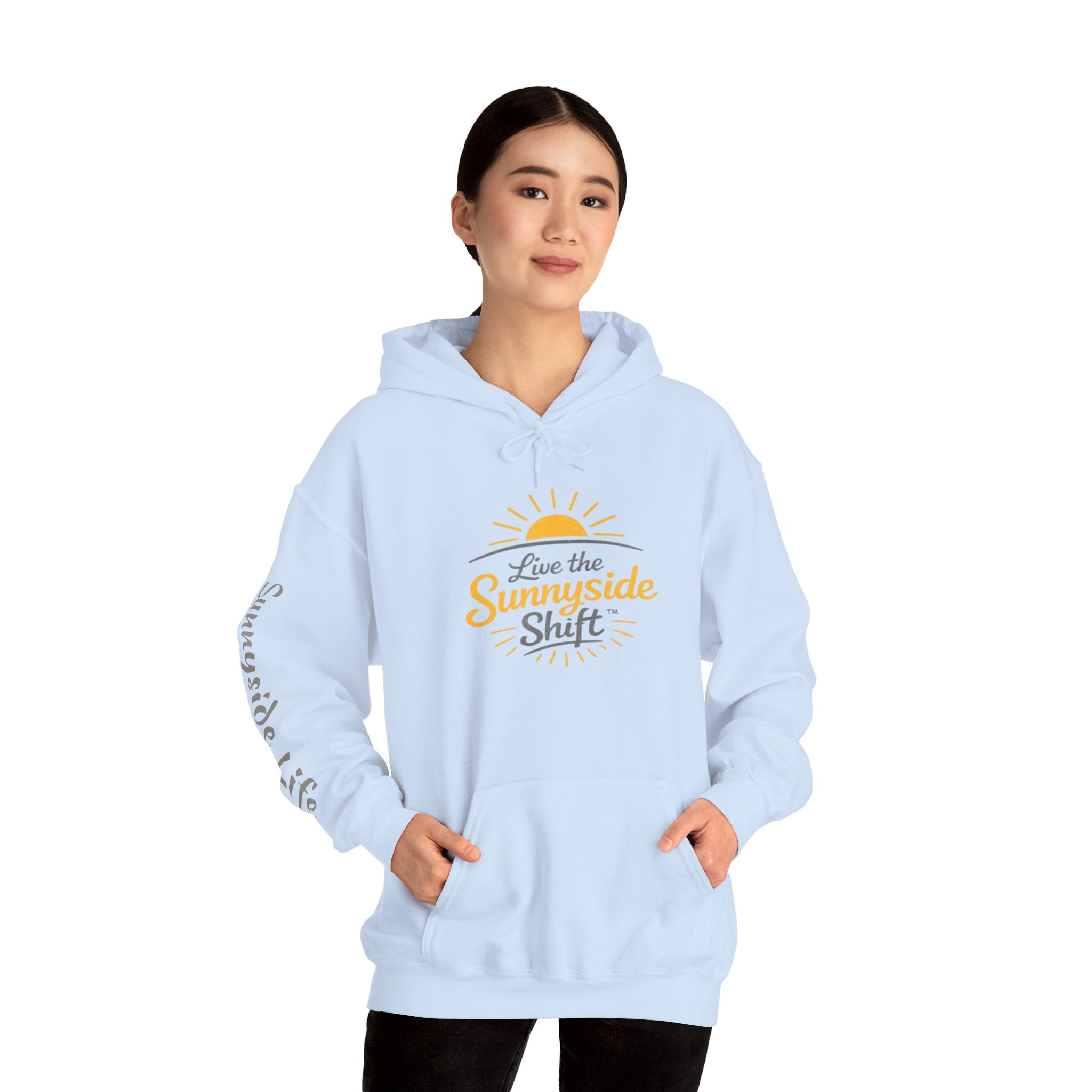 Live The Sunnyside Shift™ — Retro Sun Script Hooded Sweatshirt