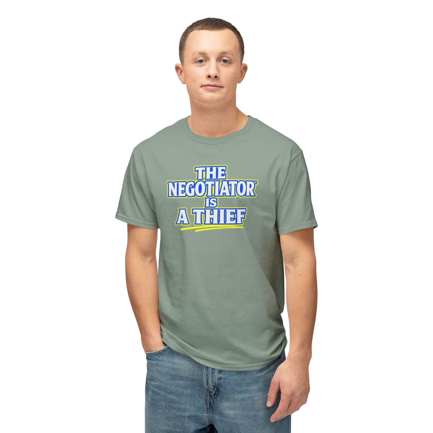 THE NEGOTIATOR™ IS A THIEF Unisex T-Shirt | Motivation & Discipline Graphic Tee | Personal Growth Apparel | Sunnyside Life™
