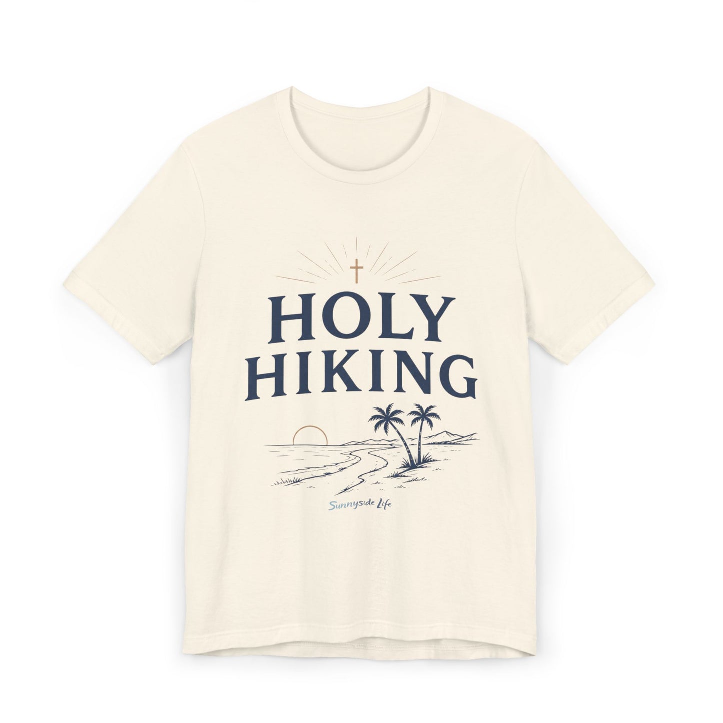 Holy Hiking™ Womens V-Neck Tee | Catholic Trail Shirt | “Evil Can’t Catch Me” Tropical Faith Hiking Tee