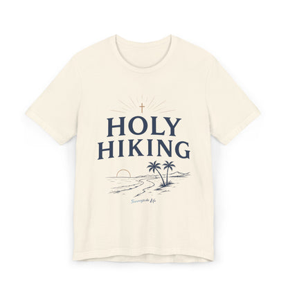 Holy Hiking™ Womens V-Neck Tee | Catholic Trail Shirt | “Evil Can’t Catch Me” Tropical Faith Hiking Tee