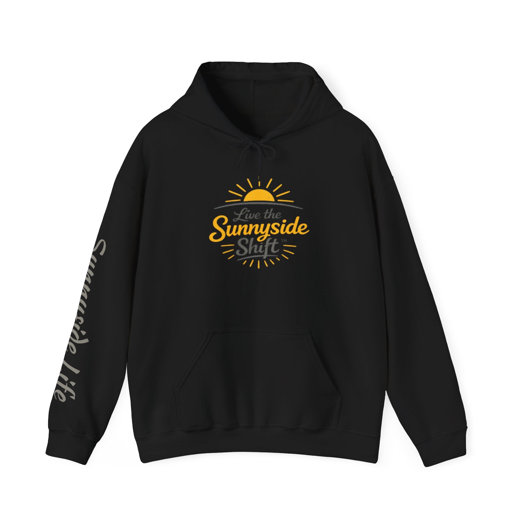 Live The Sunnyside Shift™ — Retro Sun Script Hooded Sweatshirt