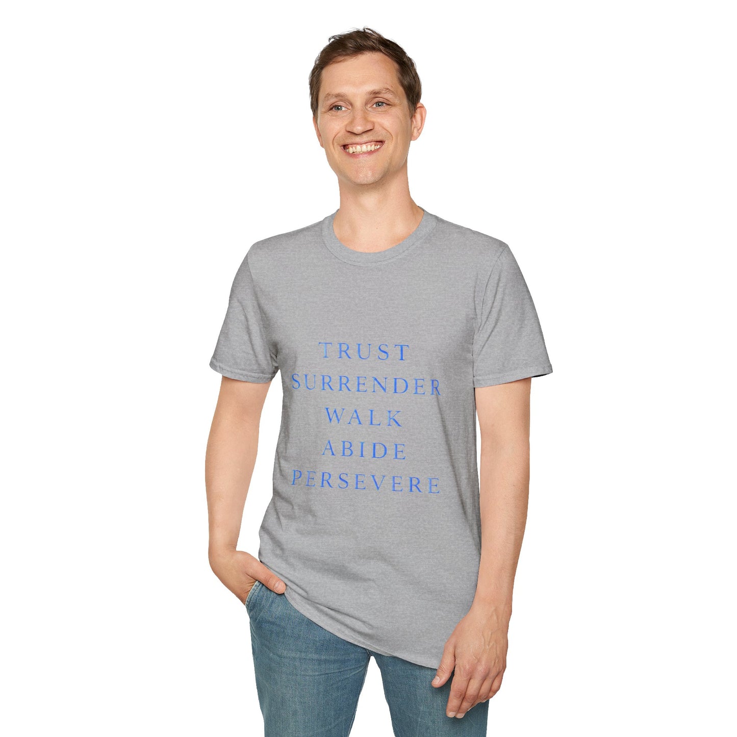 Trust Surrender Walk Abide Persevere™ Womens V-Neck Tee | Catholic Inspirational Shirt | Sunnyside Life™