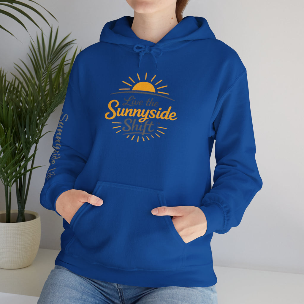 Live The Sunnyside Shift™ — Retro Sun Script Hooded Sweatshirt