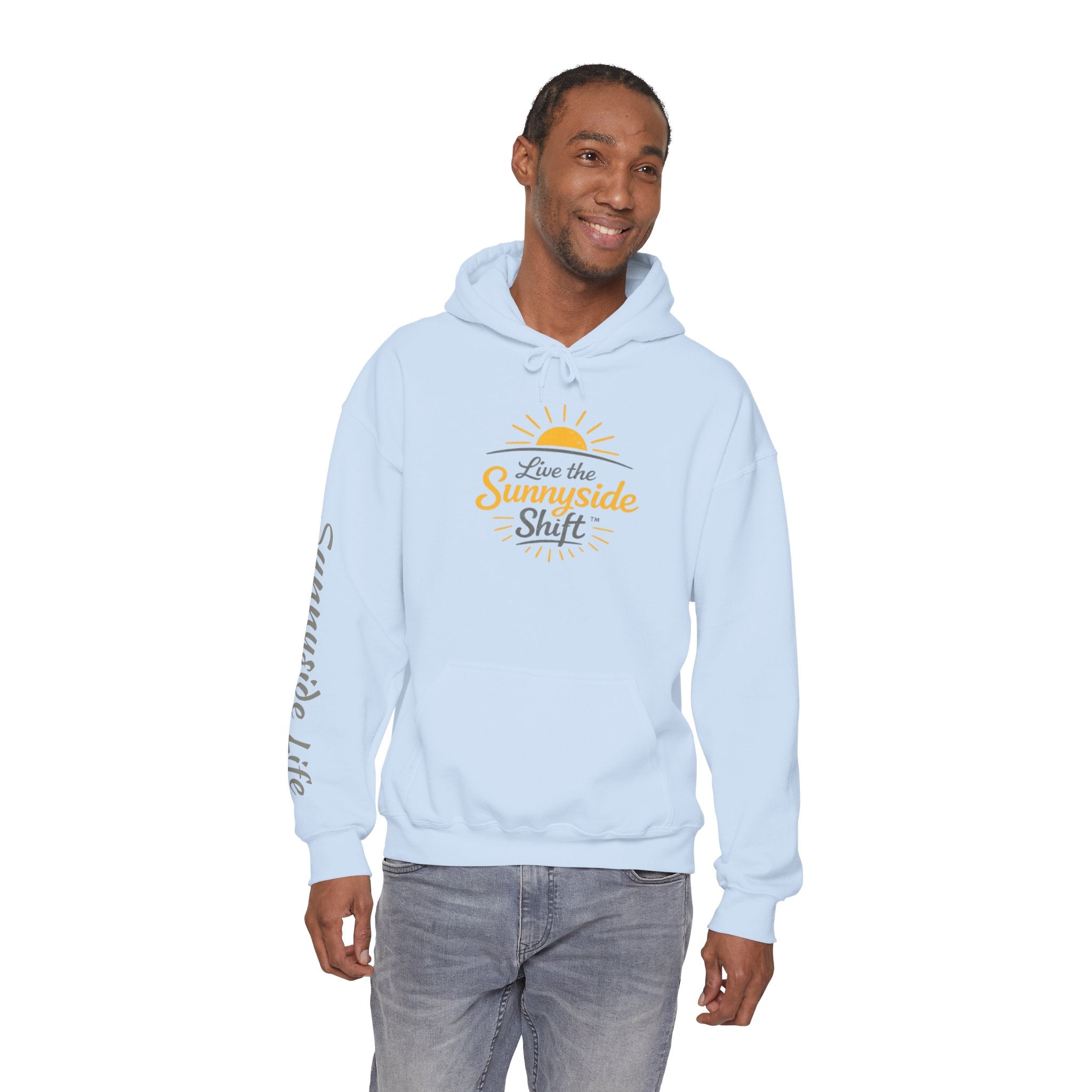 Live The Sunnyside Shift™ — Retro Sun Script Hooded Sweatshirt