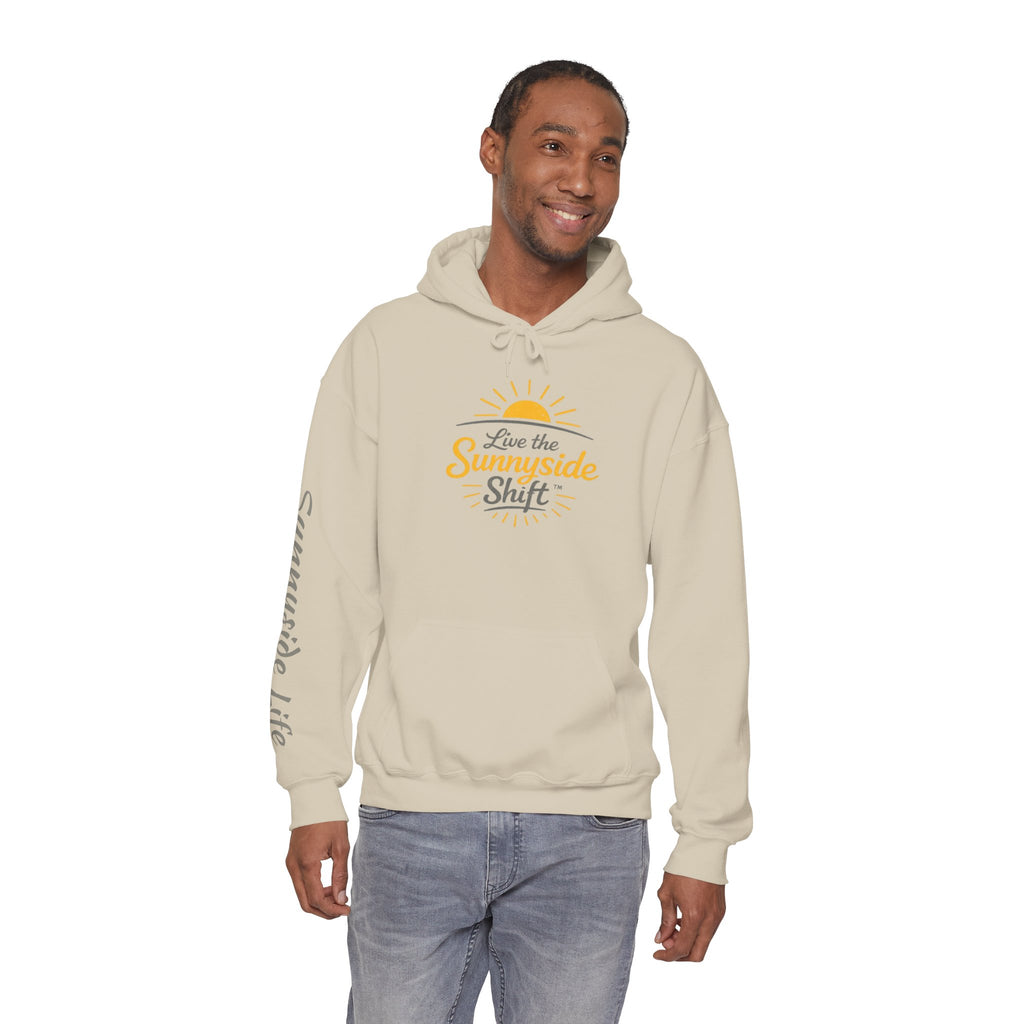 Live The Sunnyside Shift™ — Retro Sun Script Hooded Sweatshirt