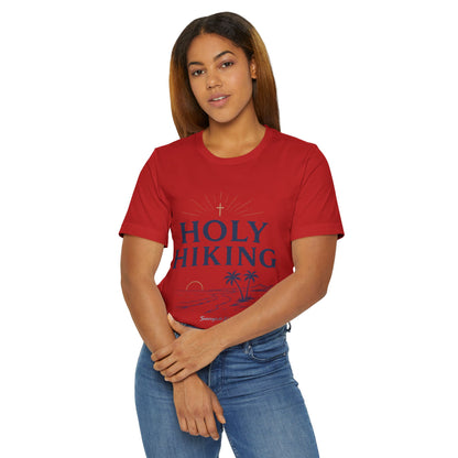 Holy Hiking™ Womens V-Neck Tee | Catholic Trail Shirt | “Evil Can’t Catch Me” Tropical Faith Hiking Tee