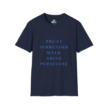 Trust Surrender Walk Abide Persevere™ Womens V-Neck Tee | Catholic Inspirational Shirt | Sunnyside Life™