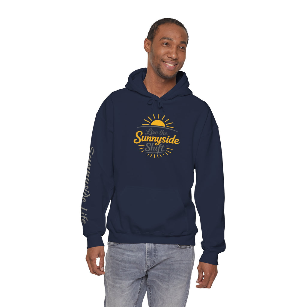 Live The Sunnyside Shift™ — Retro Sun Script Hooded Sweatshirt
