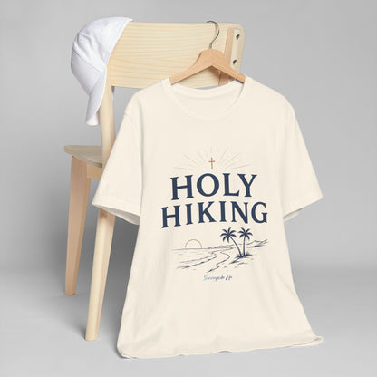 Holy Hiking™ Womens V-Neck Tee | Catholic Trail Shirt | “Evil Can’t Catch Me” Tropical Faith Hiking Tee