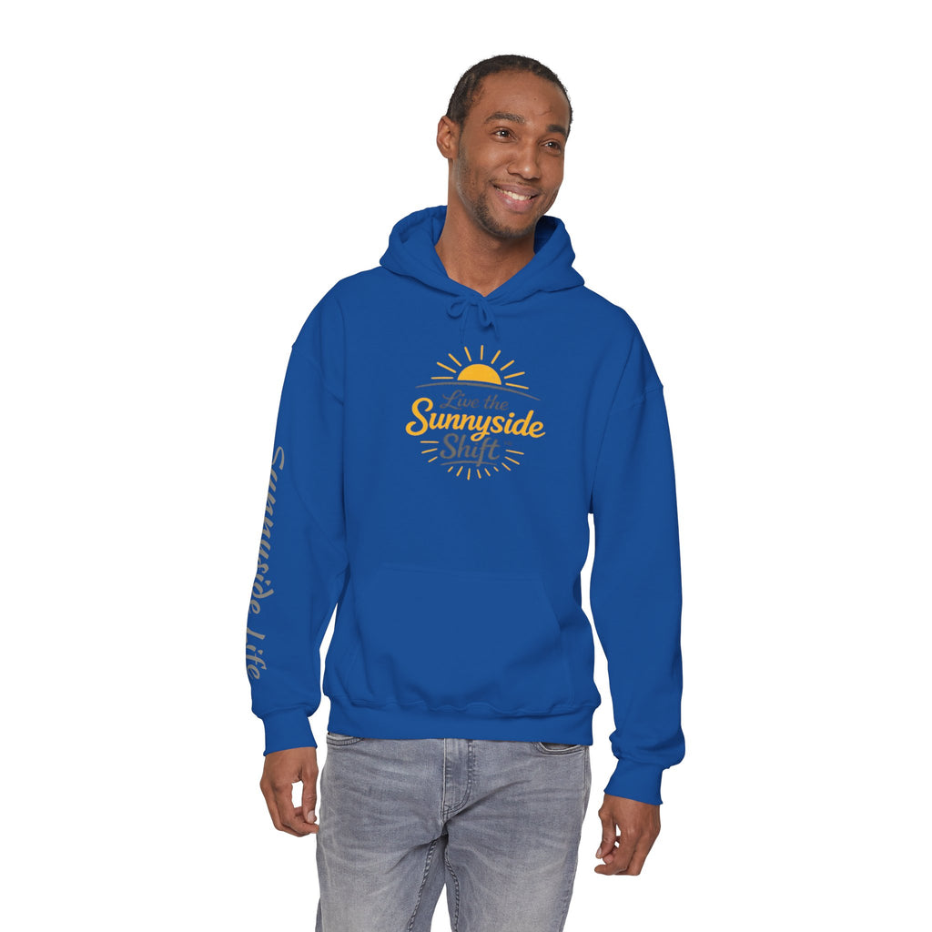 Live The Sunnyside Shift™ — Retro Sun Script Hooded Sweatshirt