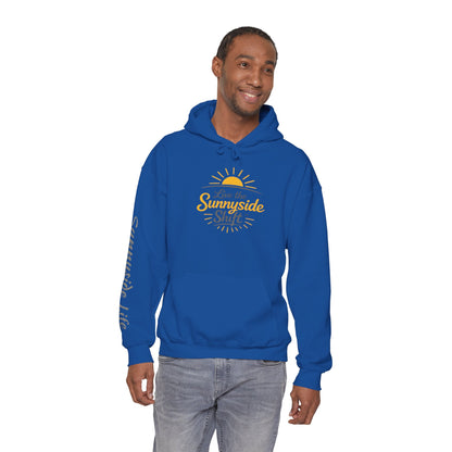 Live The Sunnyside Shift™ — Retro Sun Script Hooded Sweatshirt