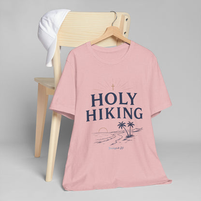 Holy Hiking™ Womens V-Neck Tee | Catholic Trail Shirt | “Evil Can’t Catch Me” Tropical Faith Hiking Tee