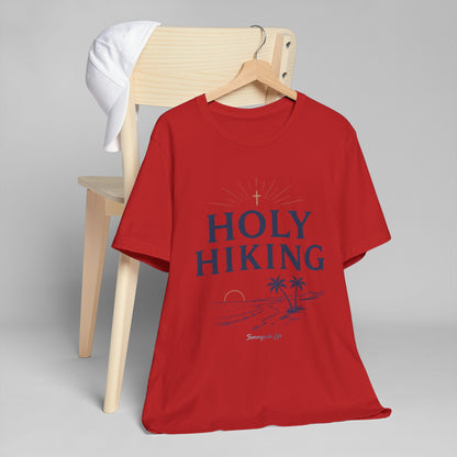Holy Hiking™ Womens V-Neck Tee | Catholic Trail Shirt | “Evil Can’t Catch Me” Tropical Faith Hiking Tee