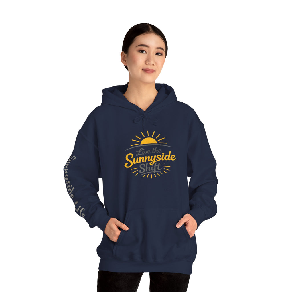 Live The Sunnyside Shift™ — Retro Sun Script Hooded Sweatshirt