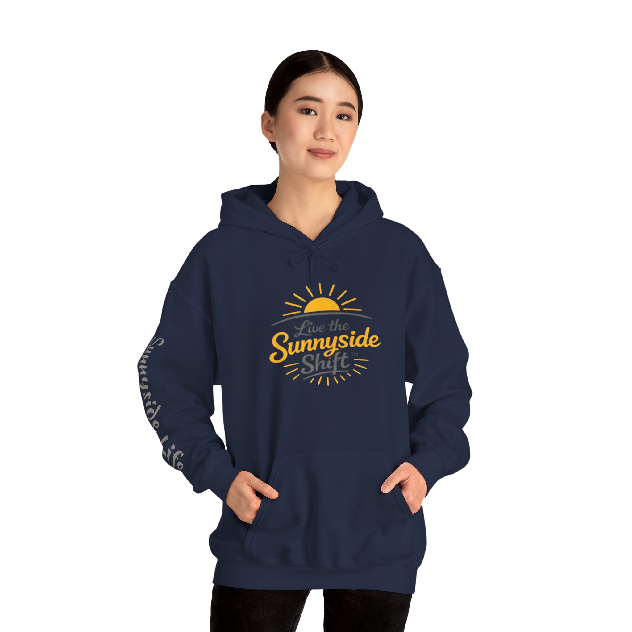 Live The Sunnyside Shift™ — Retro Sun Script Hooded Sweatshirt