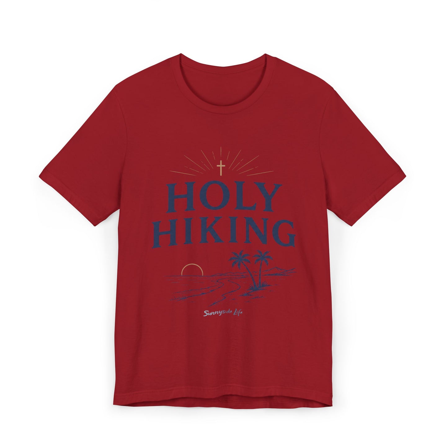 Holy Hiking™ Womens V-Neck Tee | Catholic Trail Shirt | “Evil Can’t Catch Me” Tropical Faith Hiking Tee