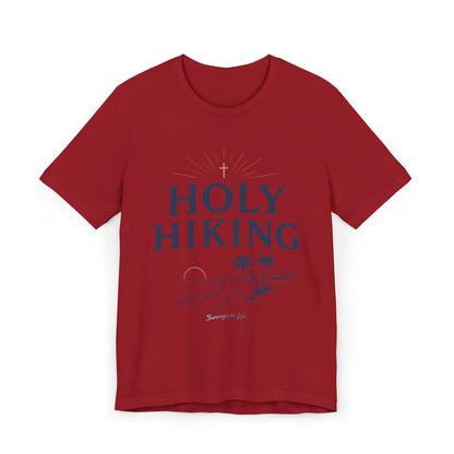 Holy Hiking™ Womens V-Neck Tee | Catholic Trail Shirt | “Evil Can’t Catch Me” Tropical Faith Hiking Tee