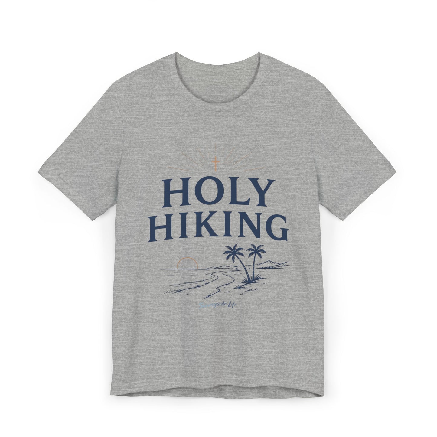 Holy Hiking™ Womens V-Neck Tee | Catholic Trail Shirt | “Evil Can’t Catch Me” Tropical Faith Hiking Tee