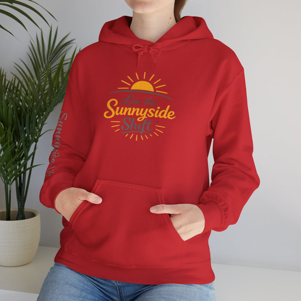 Live The Sunnyside Shift™ — Retro Sun Script Hooded Sweatshirt