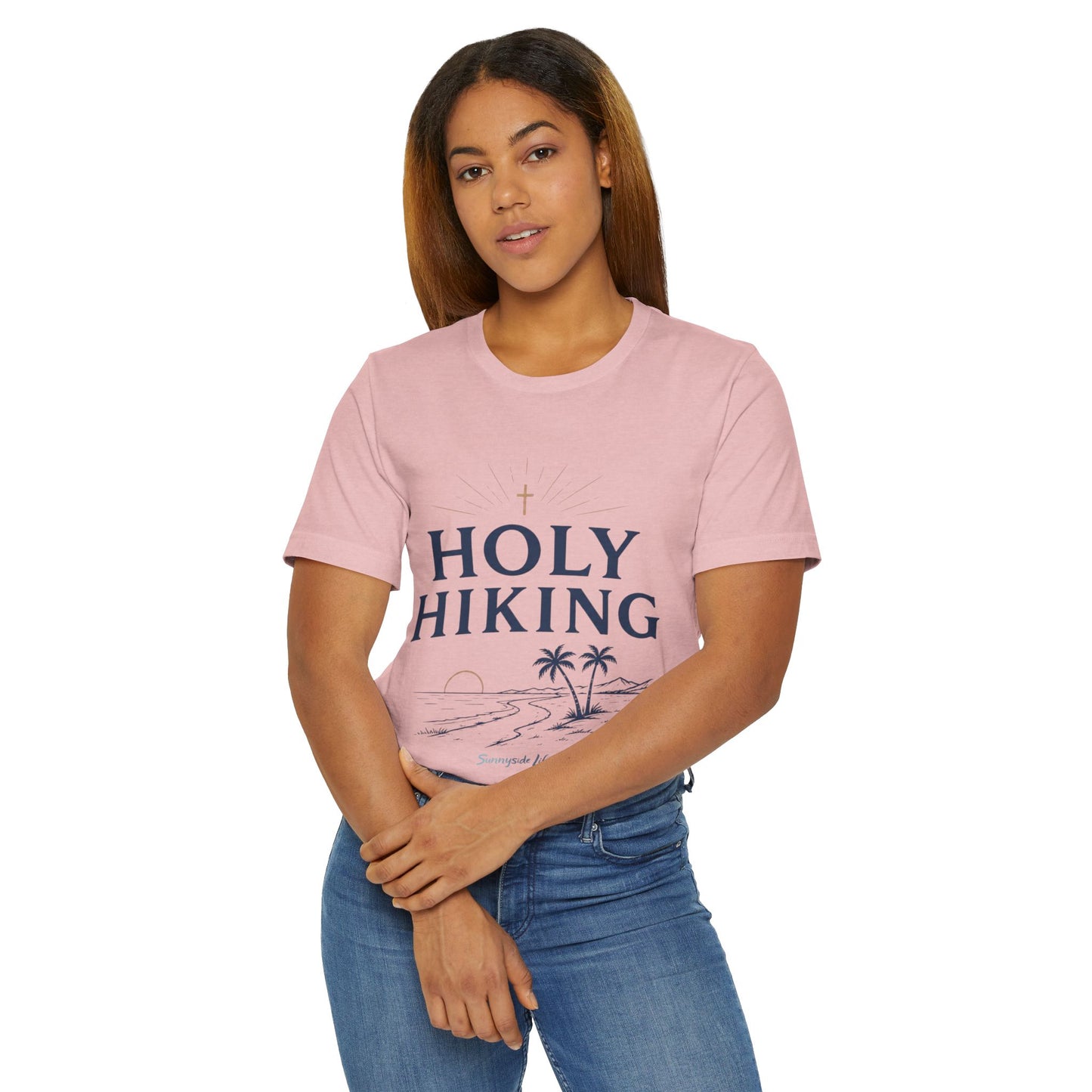 Holy Hiking™ Womens V-Neck Tee | Catholic Trail Shirt | “Evil Can’t Catch Me” Tropical Faith Hiking Tee