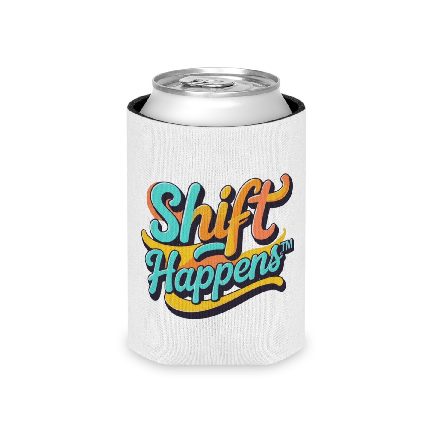 Shift Happens™ Retro Can Cooler | Funny Motivational Beverage Holder | Cerulean & Sunshine Yellow Drink Sleeve