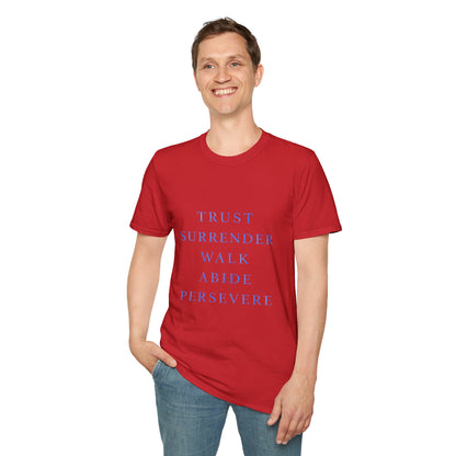 Trust Surrender Walk Abide Persevere™ Womens V-Neck Tee | Catholic Inspirational Shirt | Sunnyside Life™