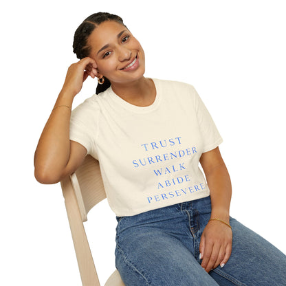 Trust Surrender Walk Abide Persevere™ Womens V-Neck Tee | Catholic Inspirational Shirt | Sunnyside Life™