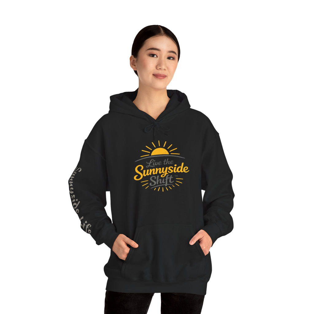 Live The Sunnyside Shift™ — Retro Sun Script Hooded Sweatshirt