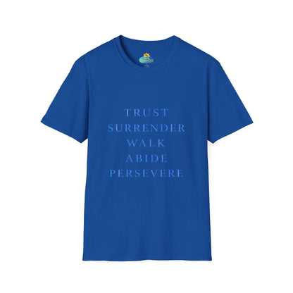 Trust Surrender Walk Abide Persevere™ Womens V-Neck Tee | Catholic Inspirational Shirt | Sunnyside Life™