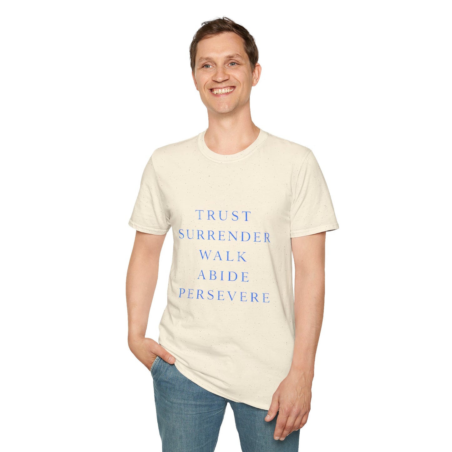 Trust Surrender Walk Abide Persevere™ Womens V-Neck Tee | Catholic Inspirational Shirt | Sunnyside Life™